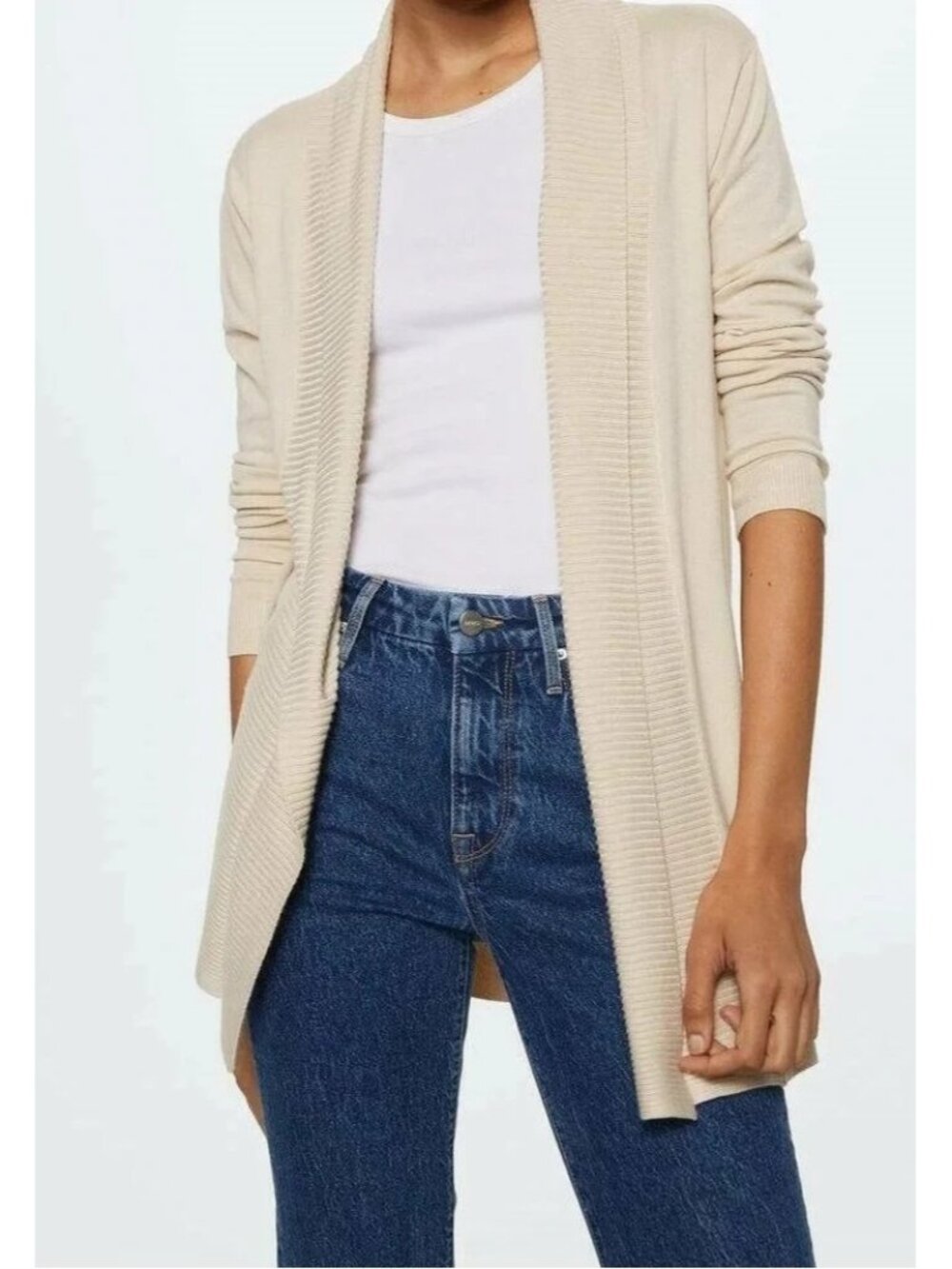 MANGO MNG Alma Longline Open Front Cardigan Size M Beige / Sand Fine Knit